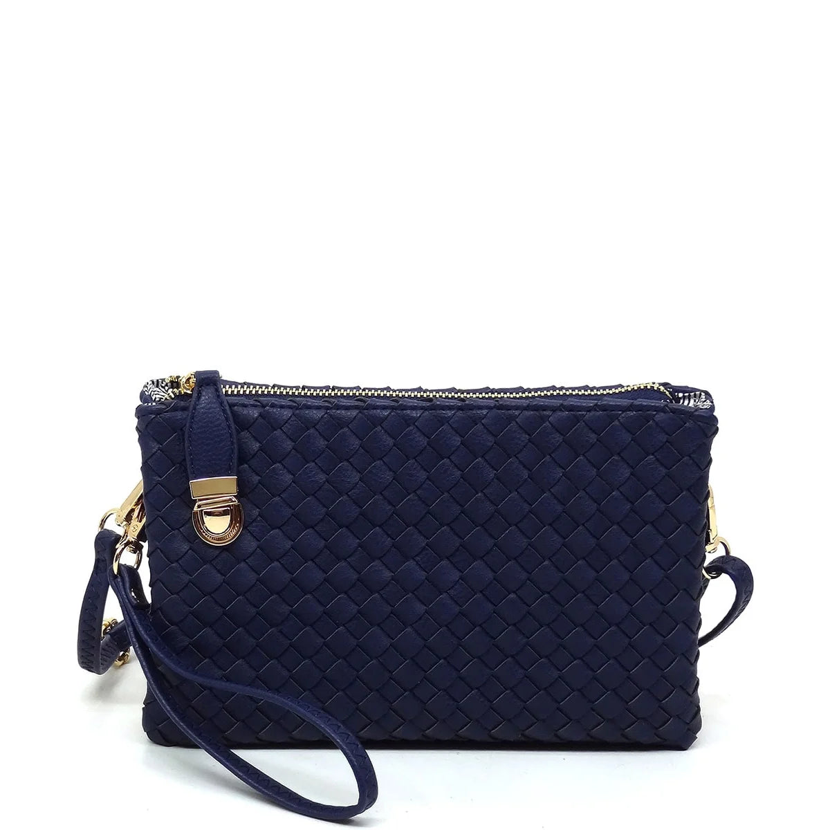 Navy blue quilted clutch purse featuring a detachable strap for the Everyday Woven Buckle Bag