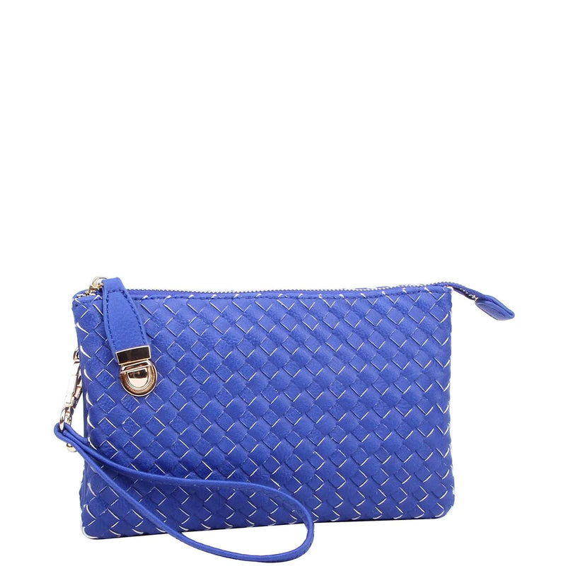 Blue woven leather clutch purse with wrist strap and gold hardware, Everyday Woven Buckle Bag