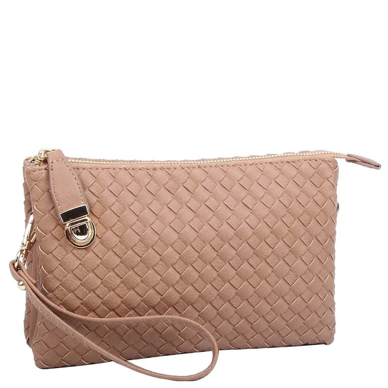 Woven leather clutch purse in pale pink, part of the Everyday Woven Buckle Bag collection