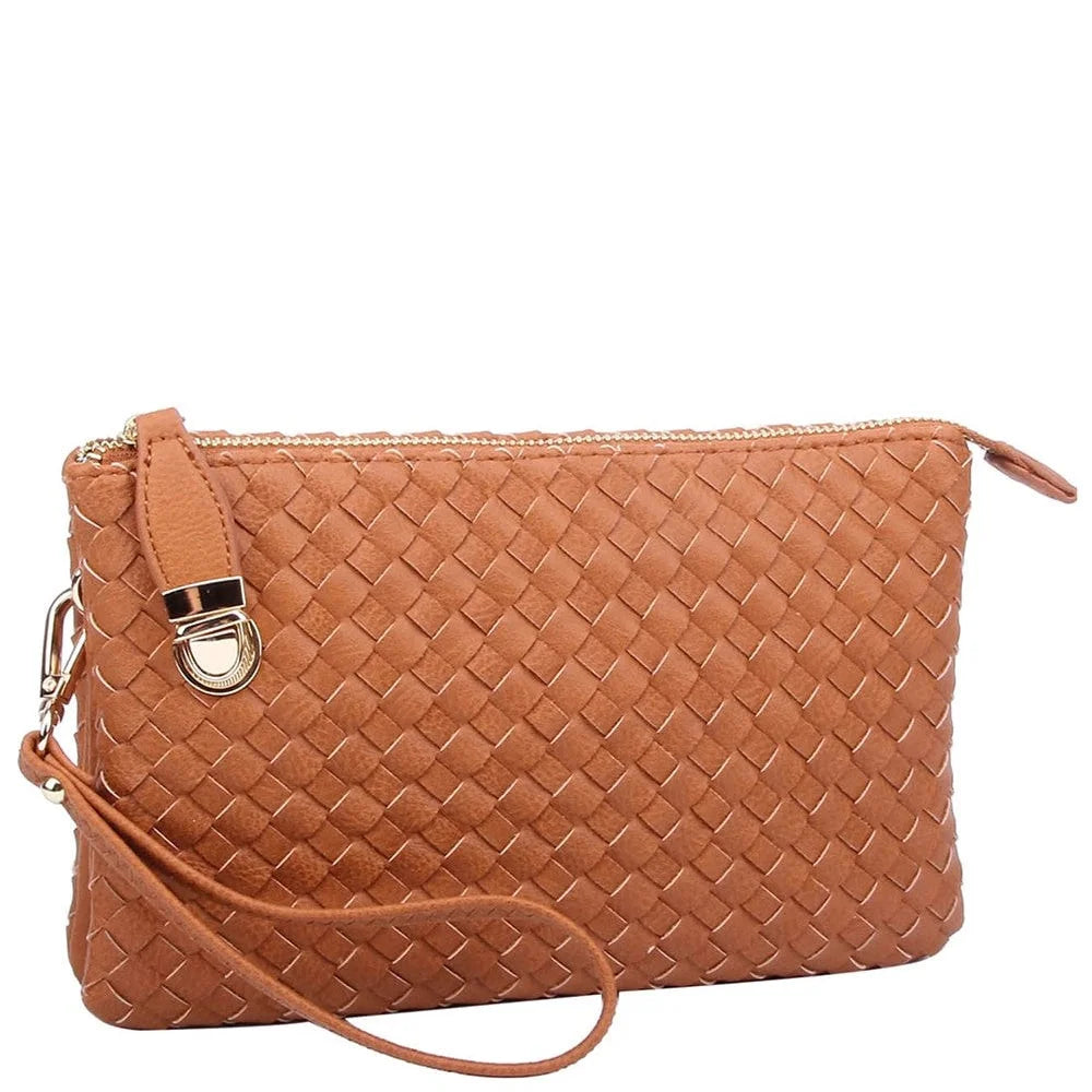 Tan woven leather clutch purse with wrist strap for Everyday Woven Buckle Bag