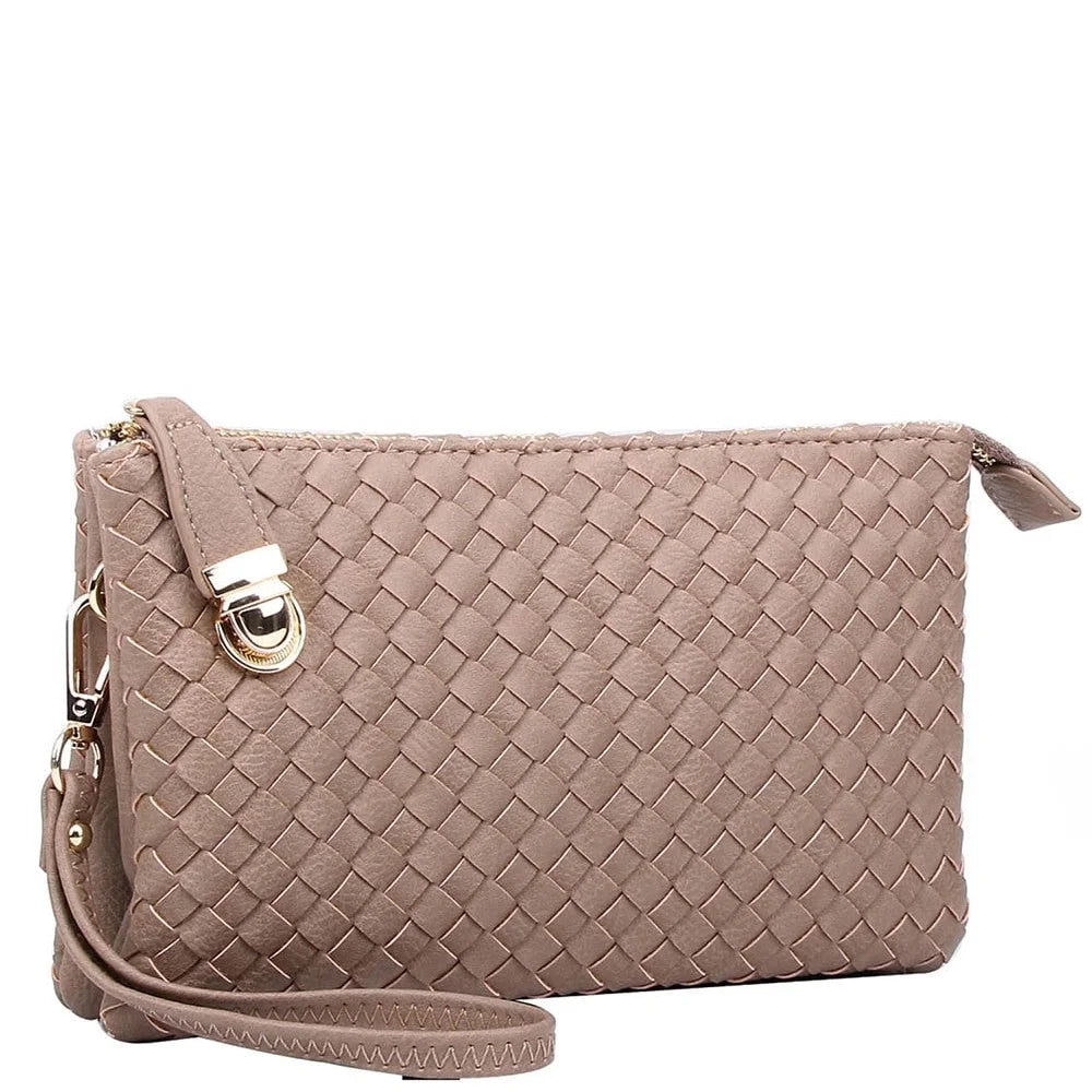 Woven leather clutch purse with wrist strap and clasp in Everyday Woven Buckle Bag design