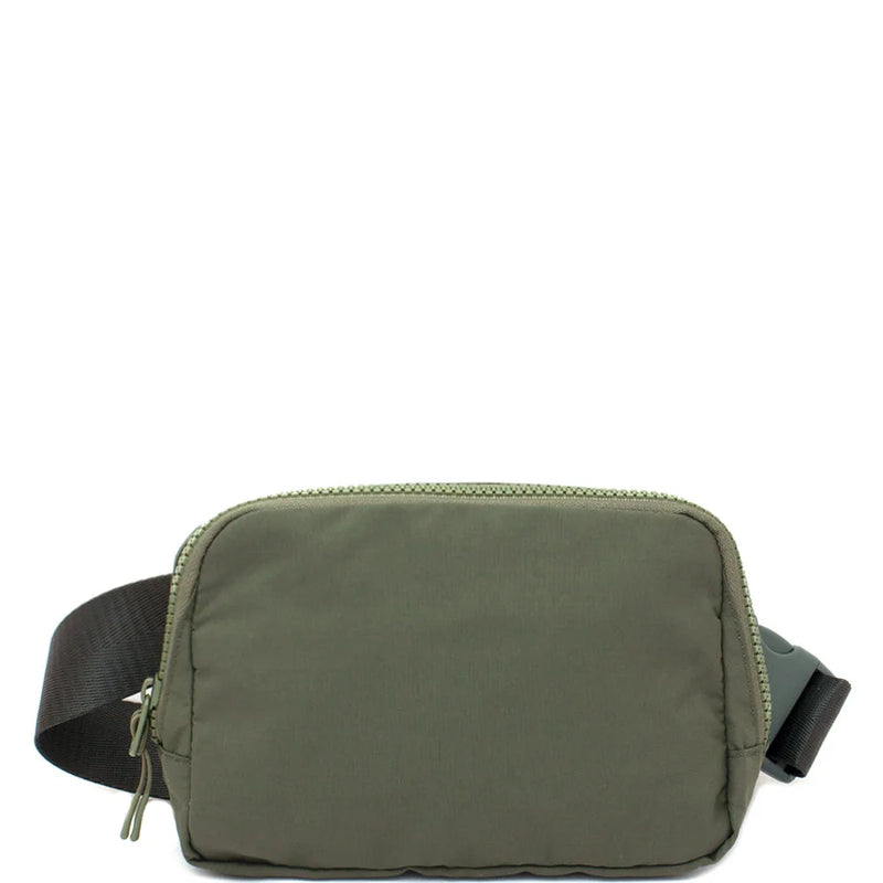 Olive green nylon Everywhere Belt Bag with black strap for stylish convenience