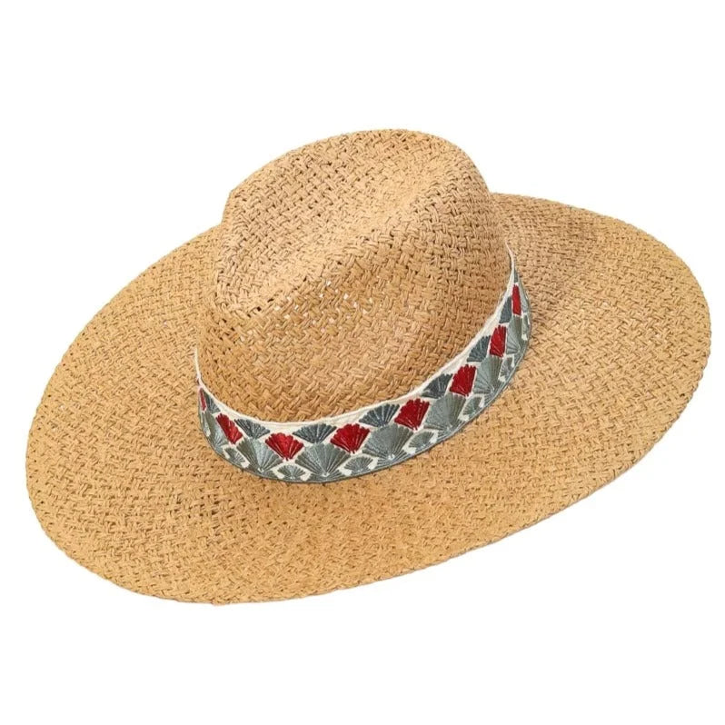 Straw Fedora featuring a stylish fan pattern decorative band ideal for sunny days