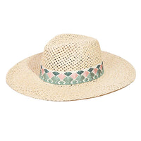 Woven straw fedora hat featuring a decorative fan pattern band for stylish sun protection