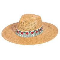 Woven straw fedora hat featuring a decorative fan pattern band for stylish sun protection