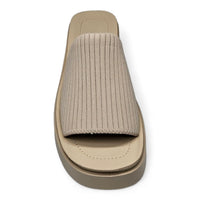 Beige Platform Slinky Slide Sandals with ribbed knit upper and flat sole