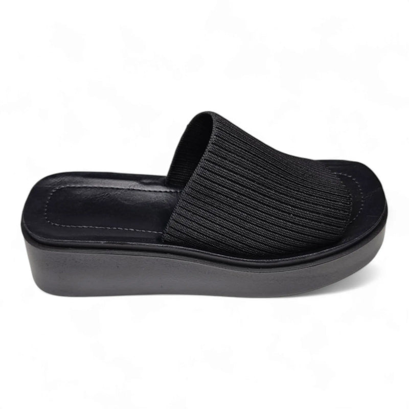 Black Platform Slinky Slide Sandal with ribbed fabric upper, height measures approximately 2 inches