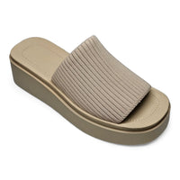 Beige Platform Slinky Slide Sandals with ribbed fabric upper, height measures approximately