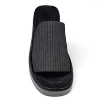 Black Platform Slinky Slide Sandals with ribbed fabric upper and flat sole