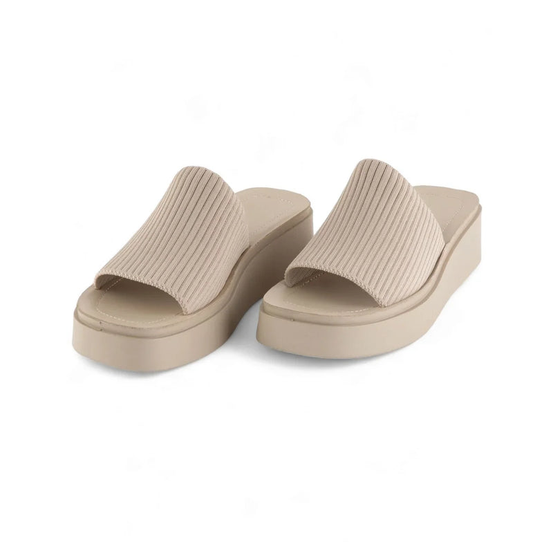 Beige Platform Slinky Slide Sandals with ribbed upper straps, height measures approximately