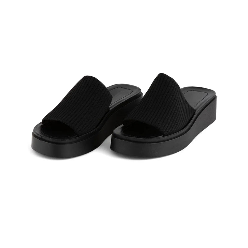 Pair of black Platform Slinky Slide Sandals with textured uppers, height measures approximately