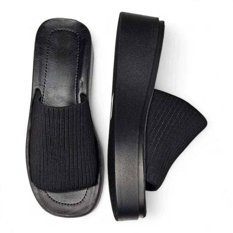 Black Platform Slinky Slide Sandals with Elastic Side Panels for Comfortable Style