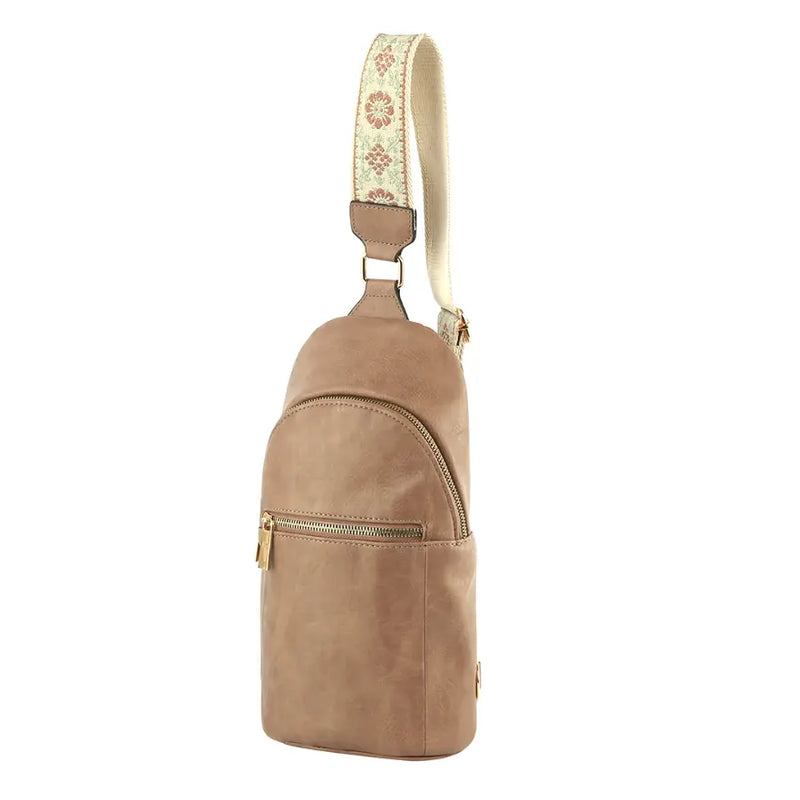 Beige Leather Sling Backpack with Decorative Strap and Gold Hardware, Fashion Zipper Strap