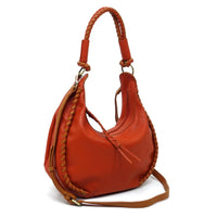 Orange leather fashion braid shoulder bag with braided trim and shoulder strap