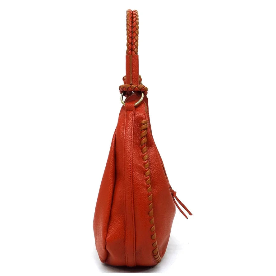 Red leather Fashion Braid Shoulder Bag with braided handle and stitched detailing