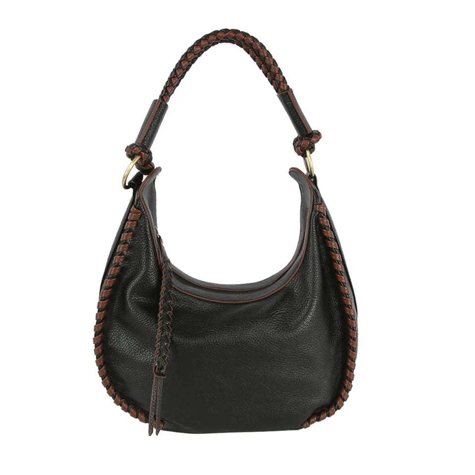 Black leather fashion braid shoulder bag with braided trim and tassel detail