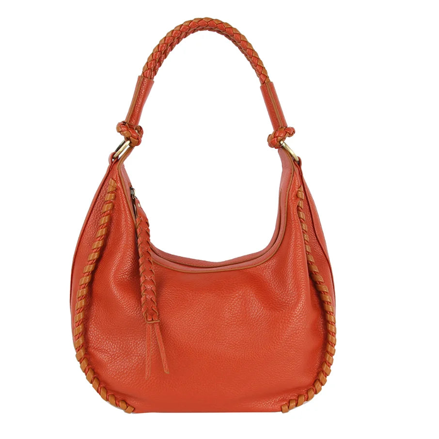 Orange leather fashion braid shoulder bag with braided trim and curved handle