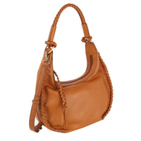 Tan leather fashion braid shoulder bag with braided strap and trim details