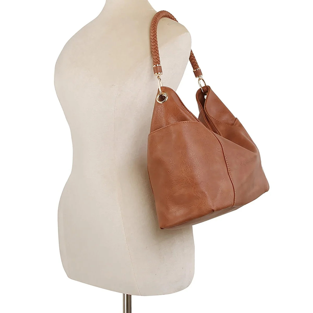 Brown leather fashion braided top handle shoulder bag on mannequin torso