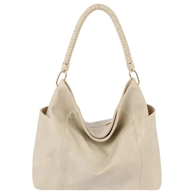 Beige leather fashion braided top handle shoulder bag with braided handle