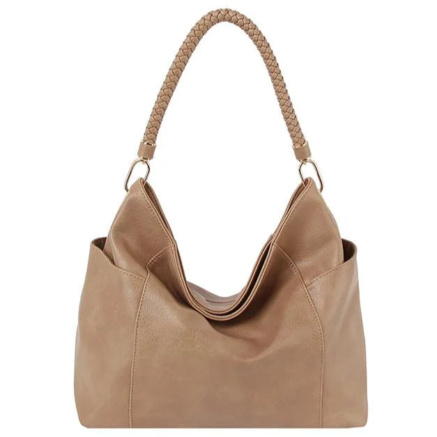 Beige leather hobo bag with braided handle for a stylish fashion braided shoulder bag