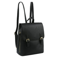 Black leather fashion buckle flap backpack with buckle closures and flap top