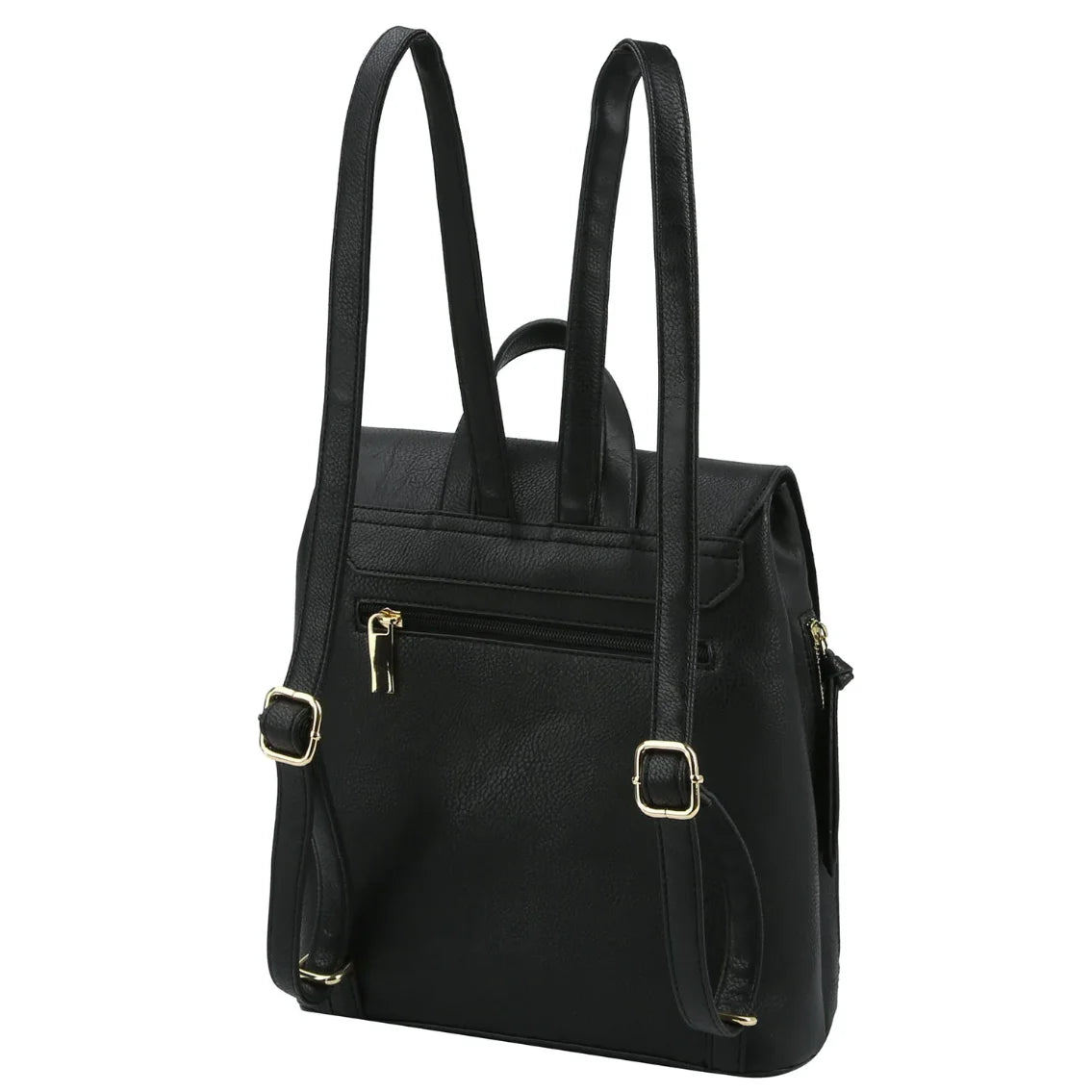 Black leather Fashion Buckle Flap Backpack with adjustable straps and multiple compartments