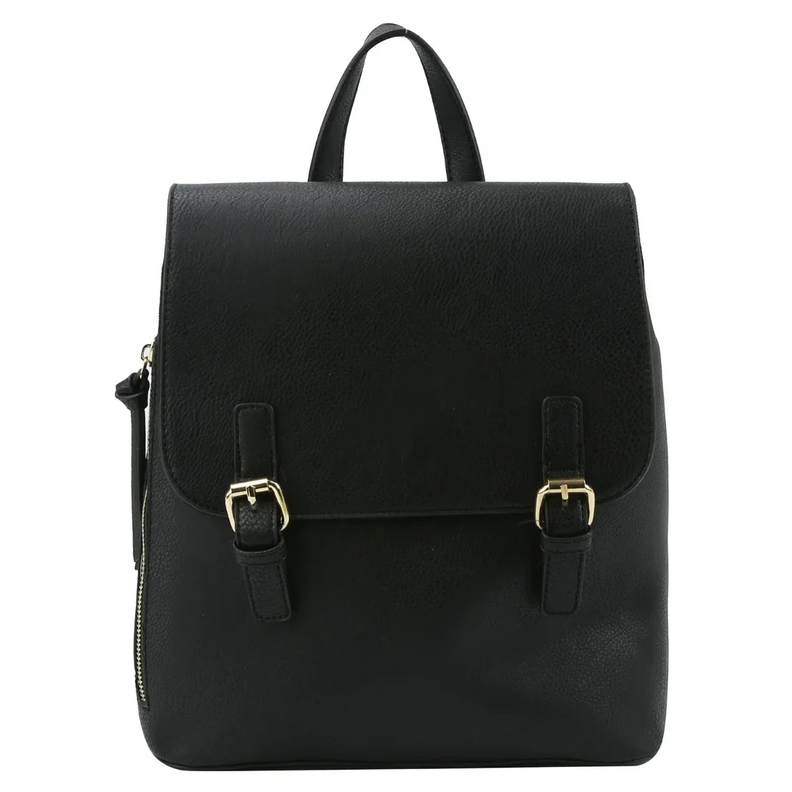 Black leather Fashion Buckle Flap Backpack with front buckle straps and top handle