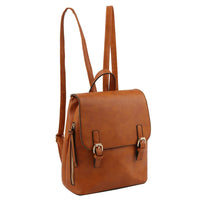 Brown leather Fashion Buckle Flap Backpack with buckle closures and adjustable straps