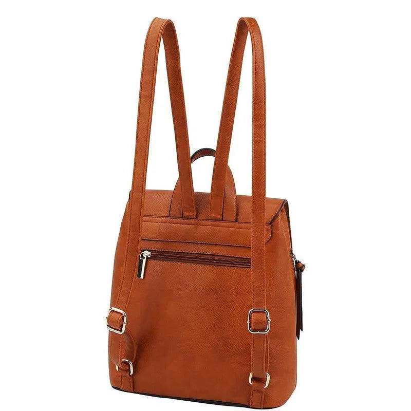 Brown leather Fashion Buckle Flap Backpack with adjustable straps and multiple compartments