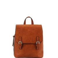 Brown leather Fashion Buckle Flap Backpack with buckled straps and top handle