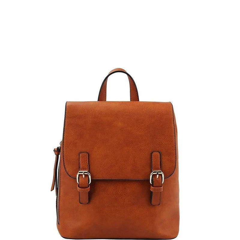 Brown leather Fashion Buckle Flap Backpack with buckled straps and top handle