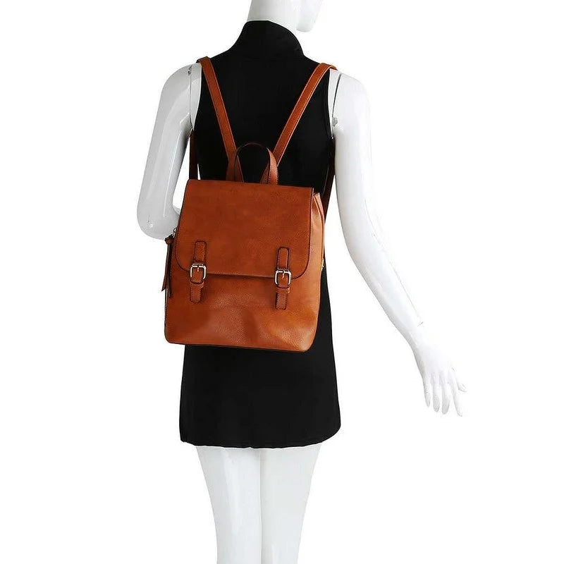 Brown leather Fashion Buckle Flap Backpack with buckled flap and shoulder straps