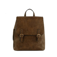 Brown leather Fashion Buckle Flap Backpack with buckled front flap and top handle