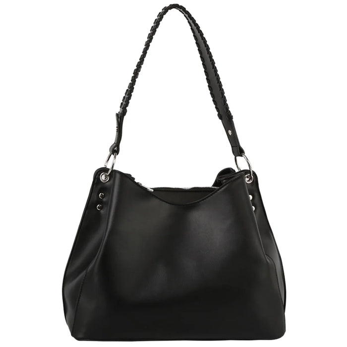 Black leather handbag with braided strap, a stylish fashion shoulder bag