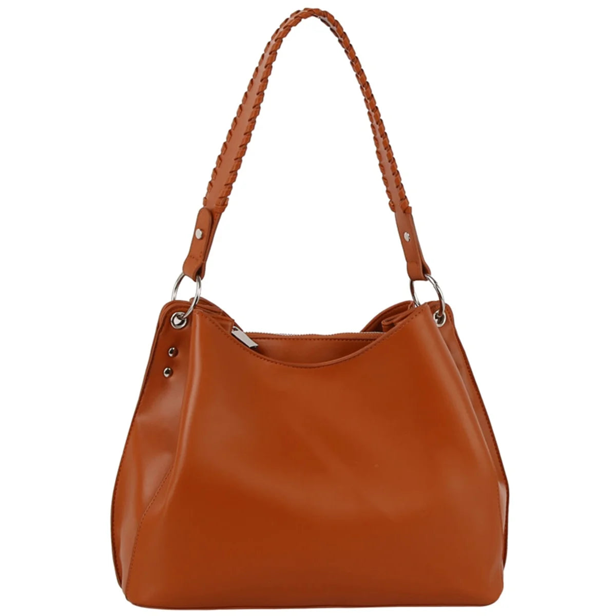 Brown leather fashion shoulder bag with a braided shoulder strap for stylish convenience