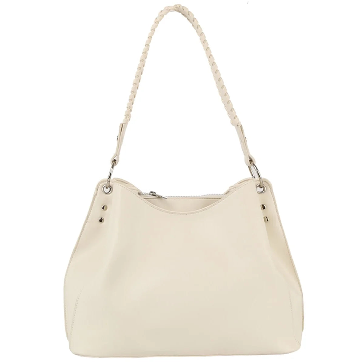 Cream-colored leather fashion shoulder bag with braided strap and metal studs