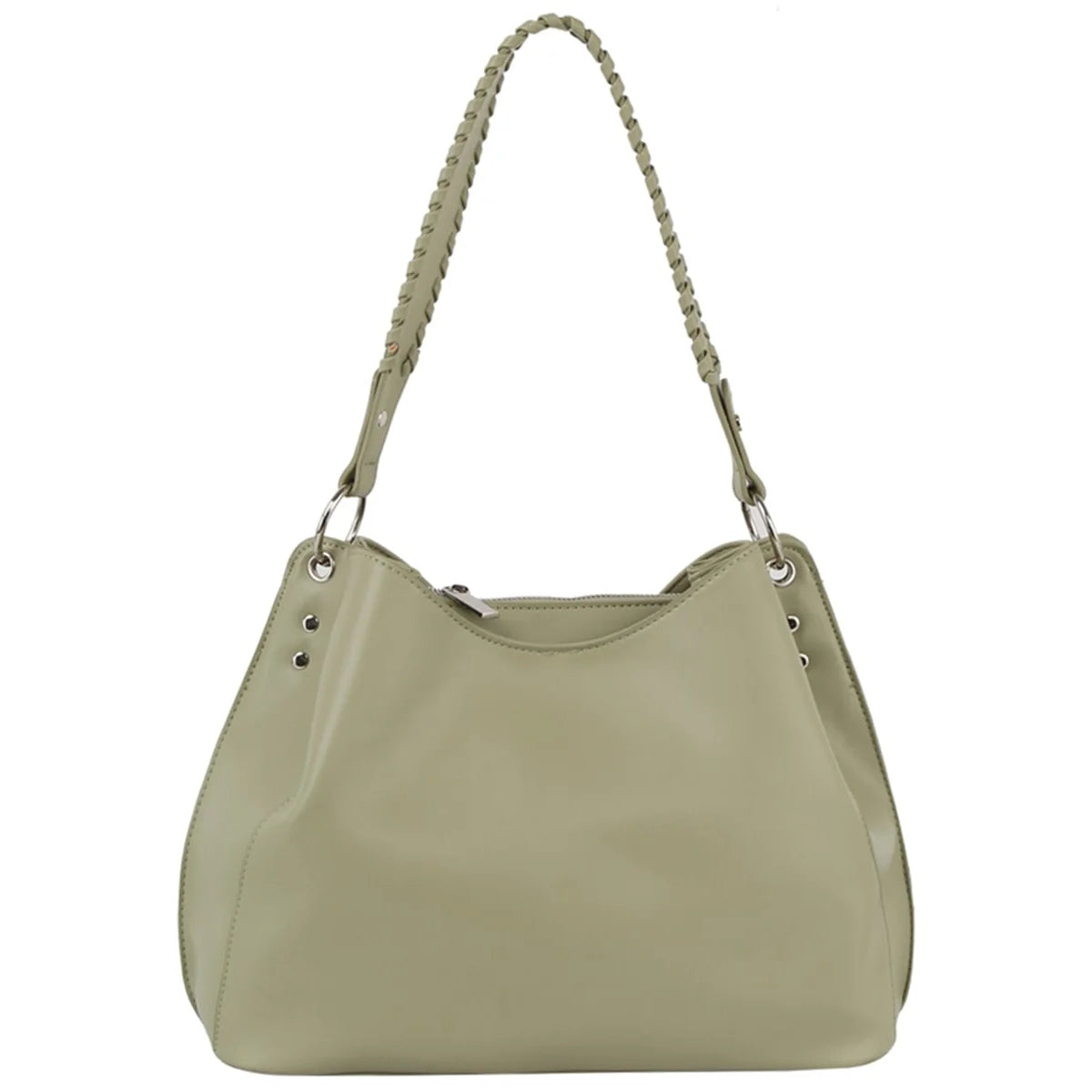 Light green leather shoulder bag with braided strap for stylish fashion shoulder look