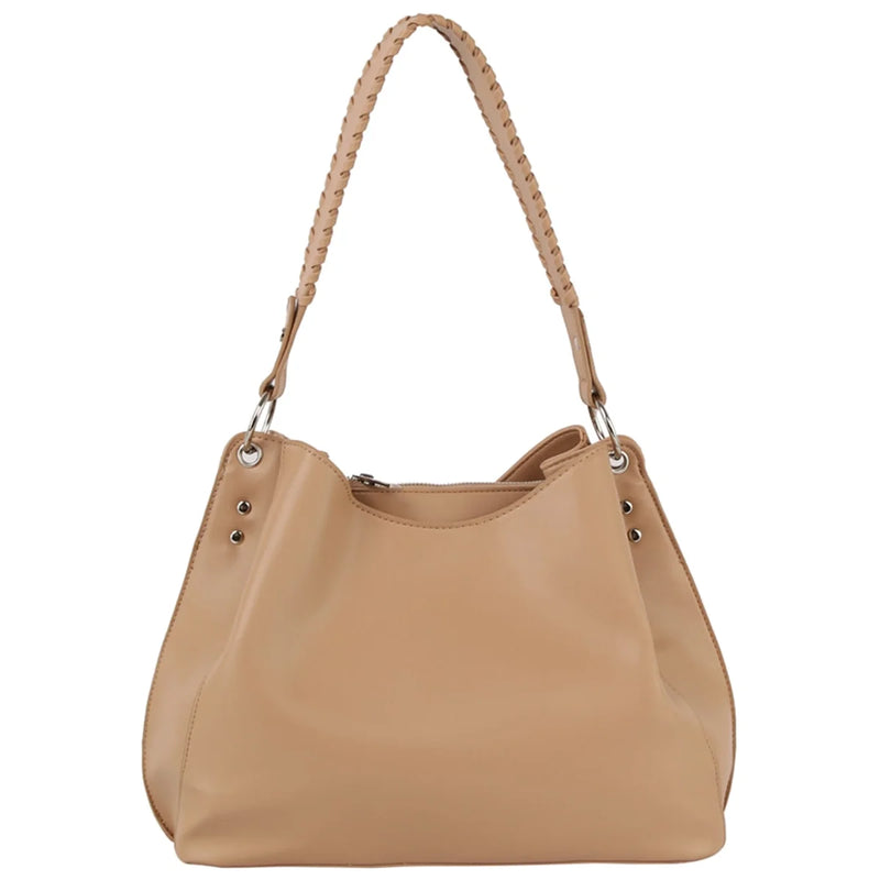 Beige leather Fashion Shoulder Bag with braided strap and silver hardware