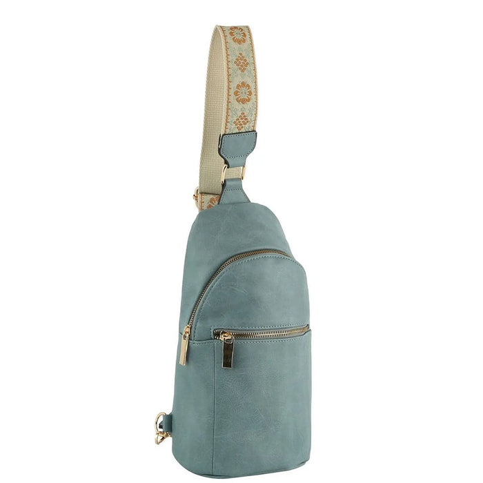 Light blue Fashion Zipper Strap Sling Bag with decorative strap and zipper pockets