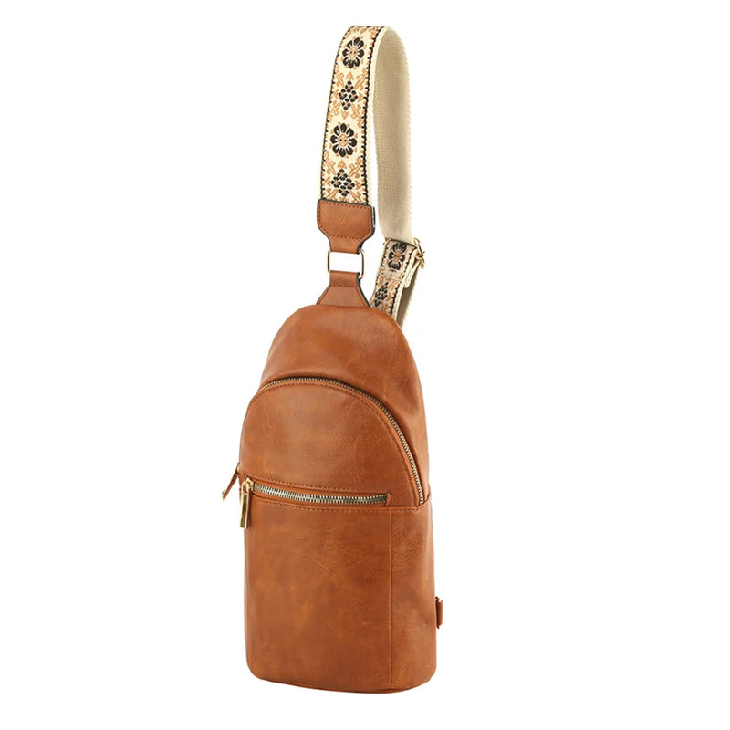 Tan leather Fashion Zipper Strap Sling Bag with decorative fabric strap