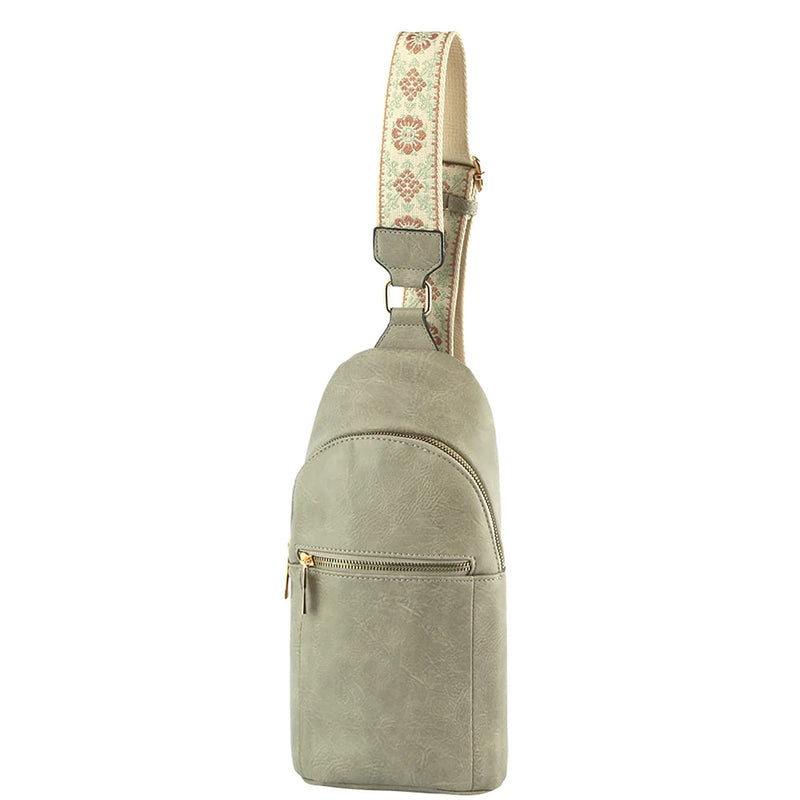 Beige Leather Sling Bag with Decorative Strap - Fashion Zipper Strap Sling for Style