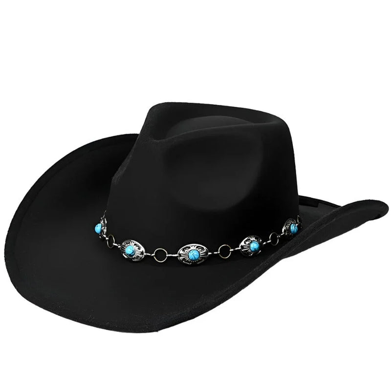 Black felt cowboy hat with turquoise-studded band for a unique western look