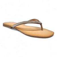 Rhinestone flip flop featuring a rhinestone-embellished thong strap and tan sole