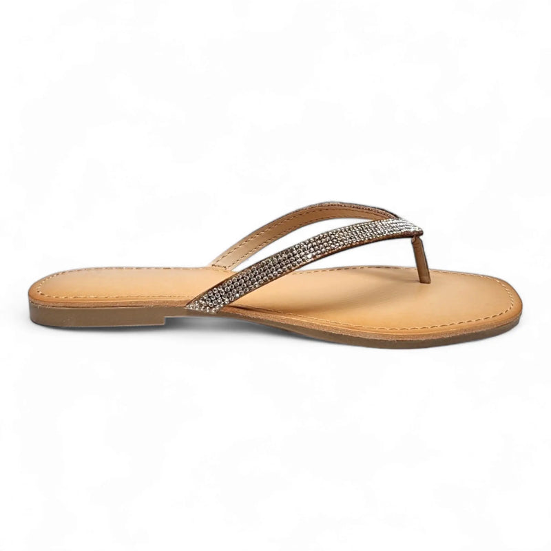 Rhinestone flip flop featuring an embellished thong strap and tan sole