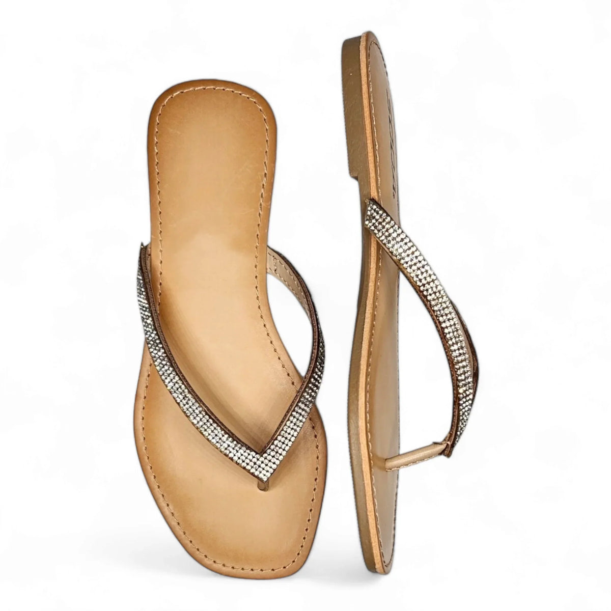 Tan leather rhinestone flip flop with stylish studded straps for a chic look