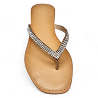 Tan leather rhinestone flip flop sandal with a stunning jeweled strap