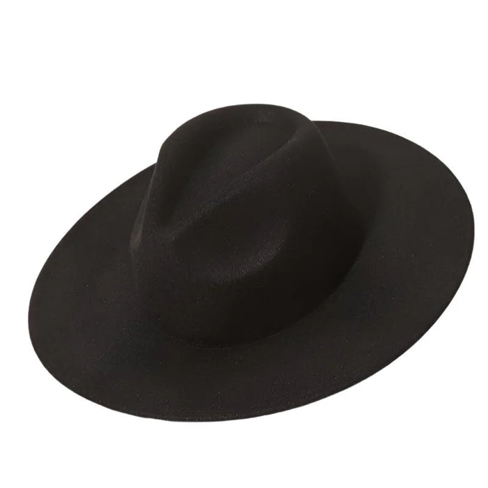 Black wide-brimmed fedora hat, perfect for stylish looks and versatile outfits