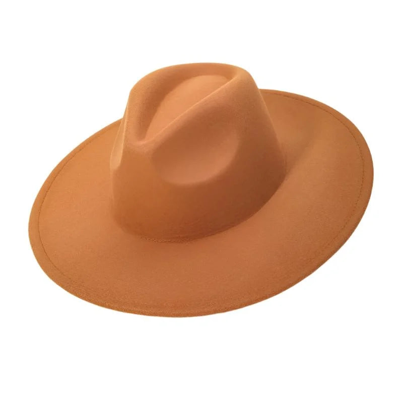 Wide-brimmed tan fedora hat showcasing a stylish flat brim fedora design