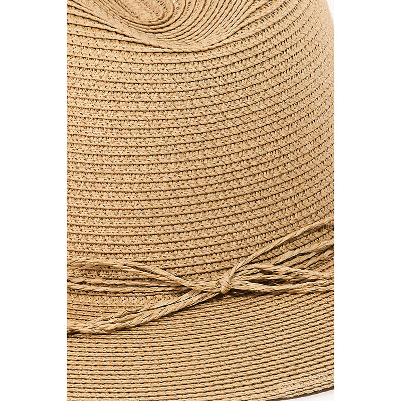 Beige floppy fedora straw sun hat featuring a woven band around the crown